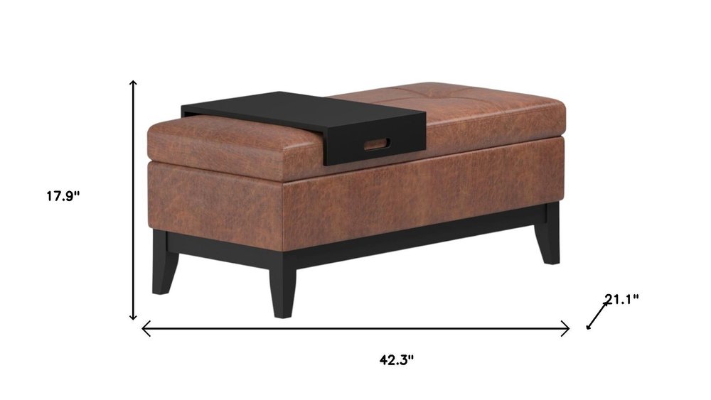 42" Cream and Dark Brown Tufted Faux Leather and Solid Wood Upholstered Storage Bench With Tray