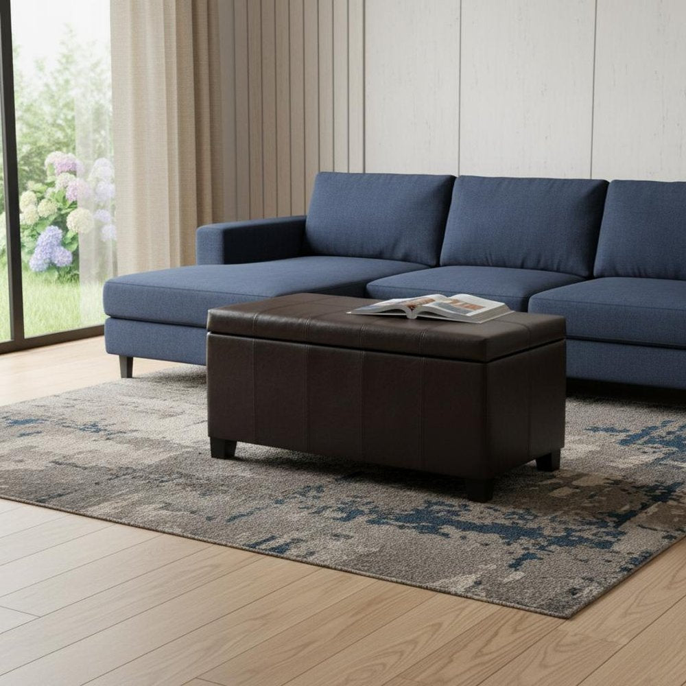 36" Brown Faux Leather and Solid Wood Upholstered Storage Bench With Flip Top