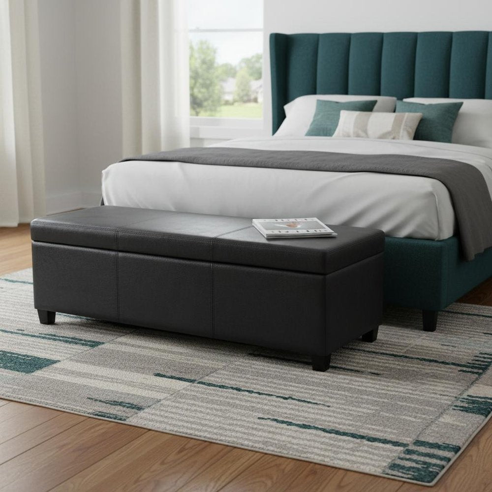 48" Black And Dark Brown Faux Leather Ottoman With Storage