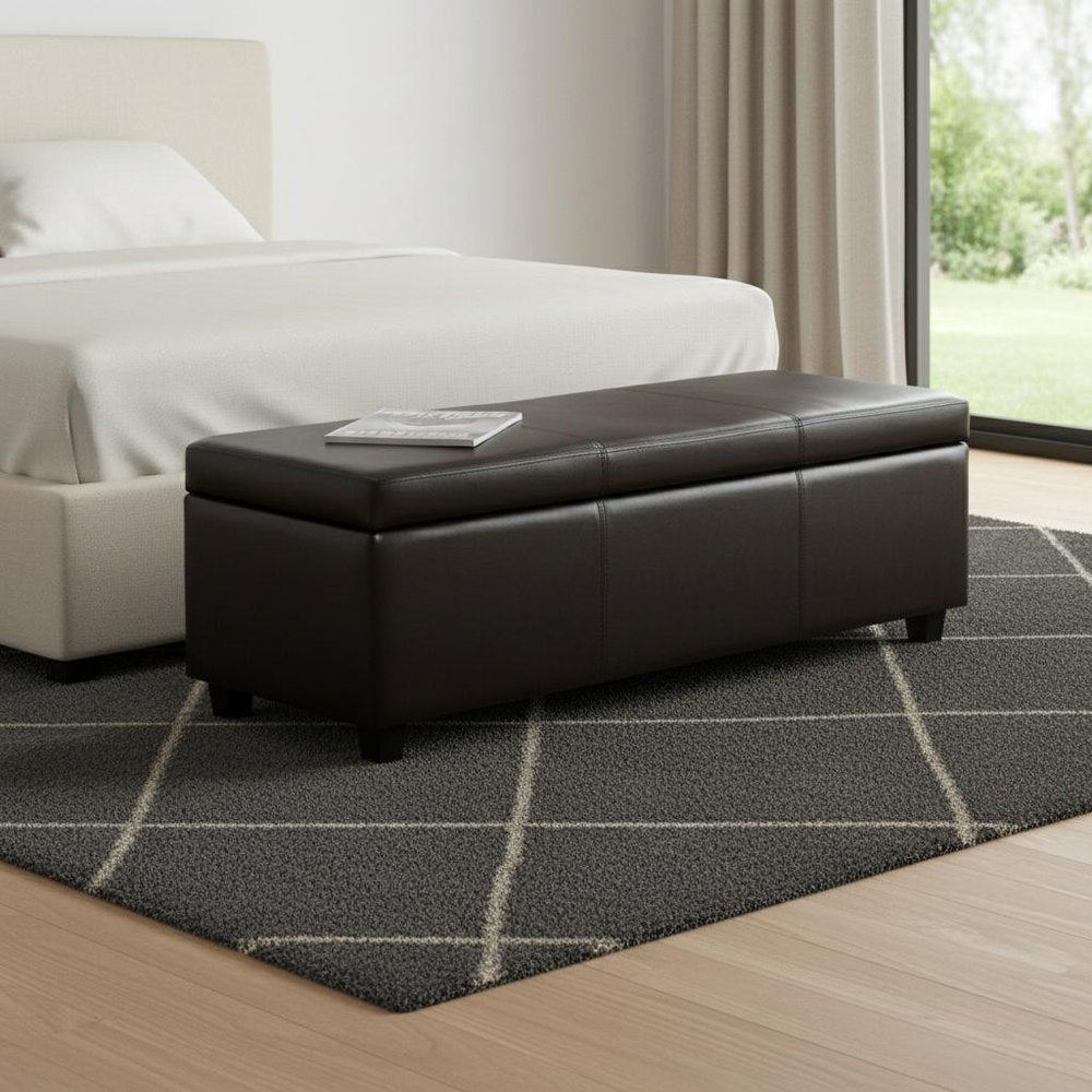 48" Brown Faux Leather and Solid Wood Upholstered Storage Bench With Flip Top