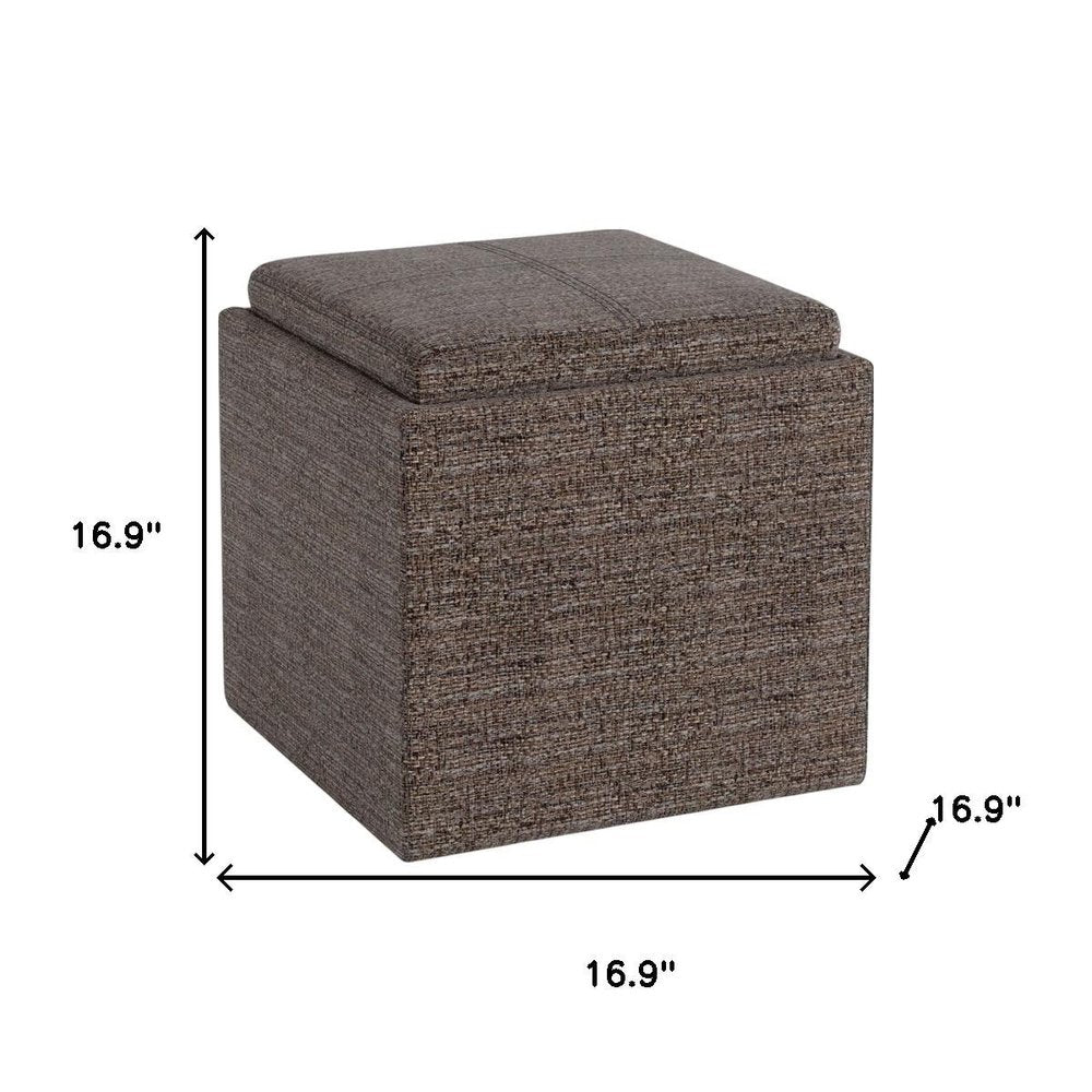 17" Brown Fabric Cube Ottoman With Storage
