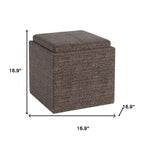 17" Brown Fabric Cube Ottoman With Storage