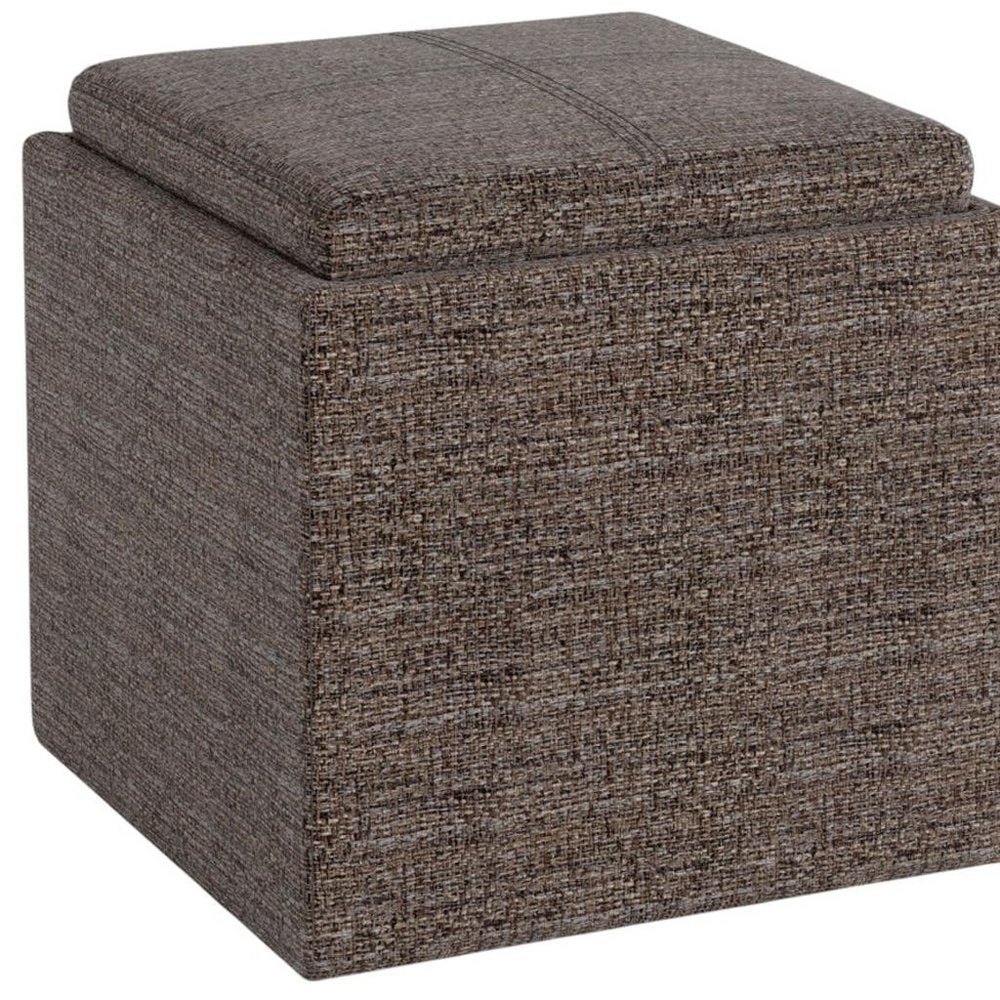 17" Brown Fabric Cube Ottoman With Storage