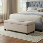 48" Beige And Dark Brown Linen Ottoman With Storage