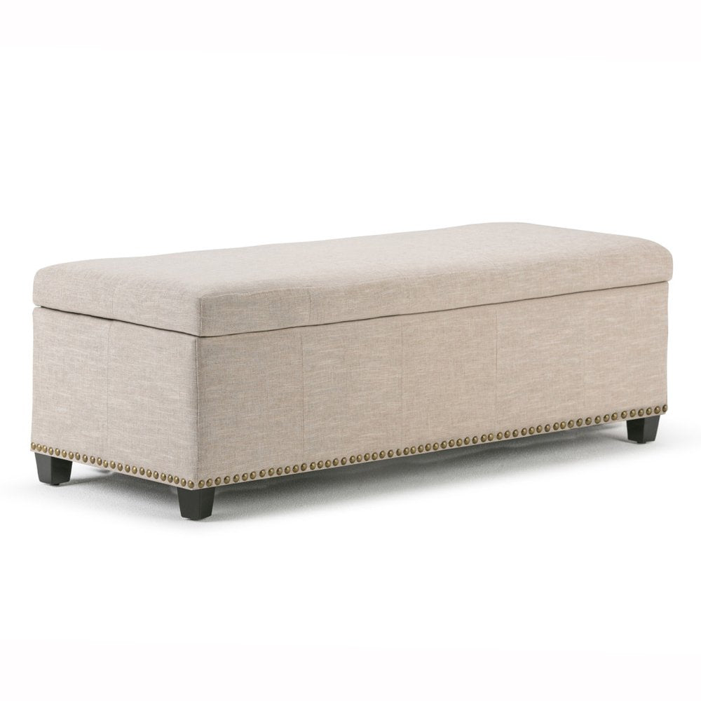 48" Beige And Dark Brown Linen Ottoman With Storage