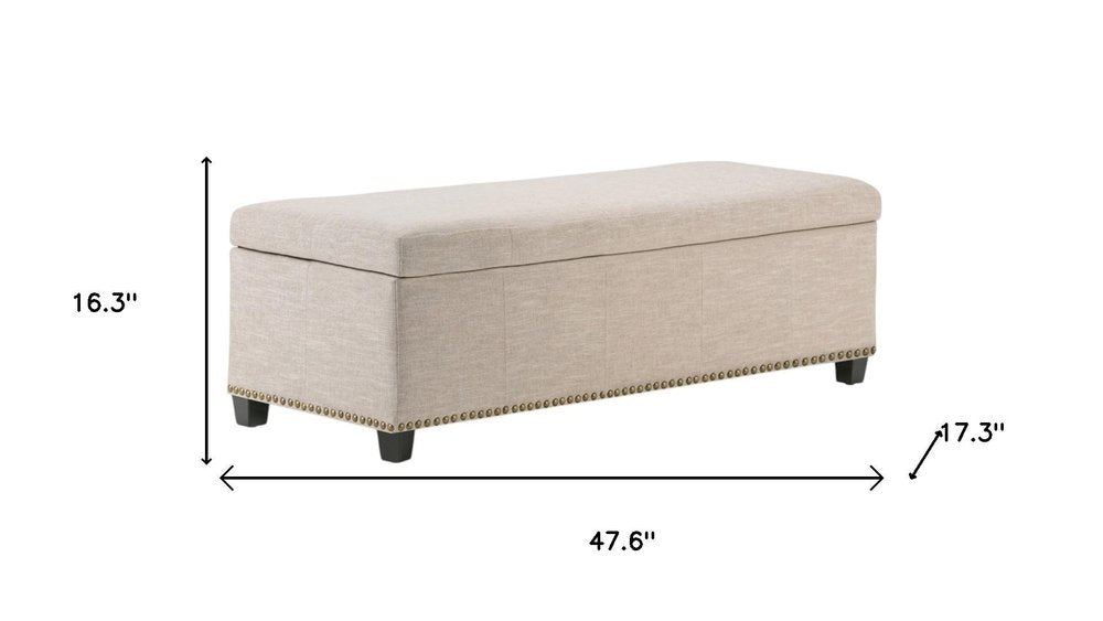 48" Beige And Dark Brown Linen Ottoman With Storage