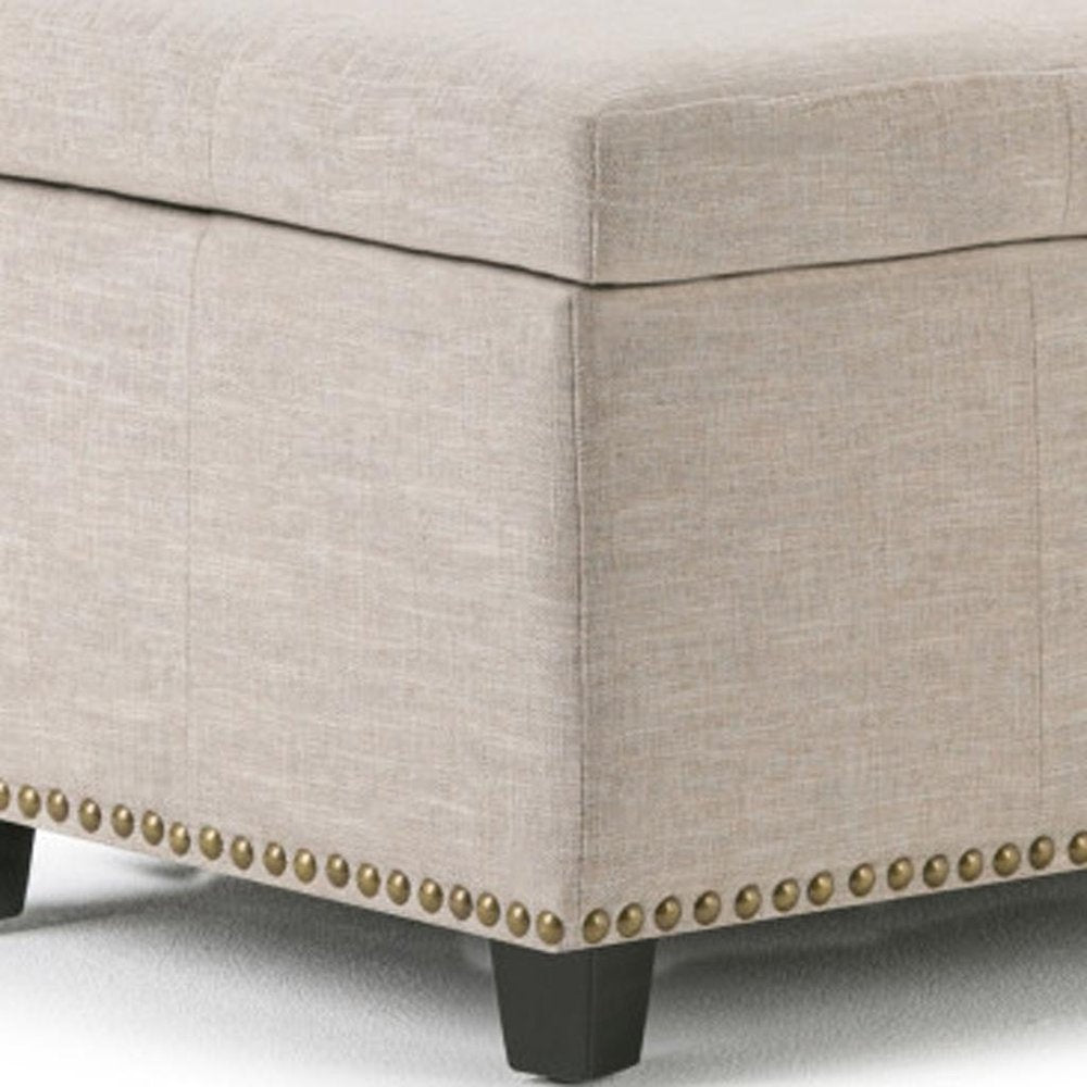 48" Beige And Dark Brown Linen Ottoman With Storage