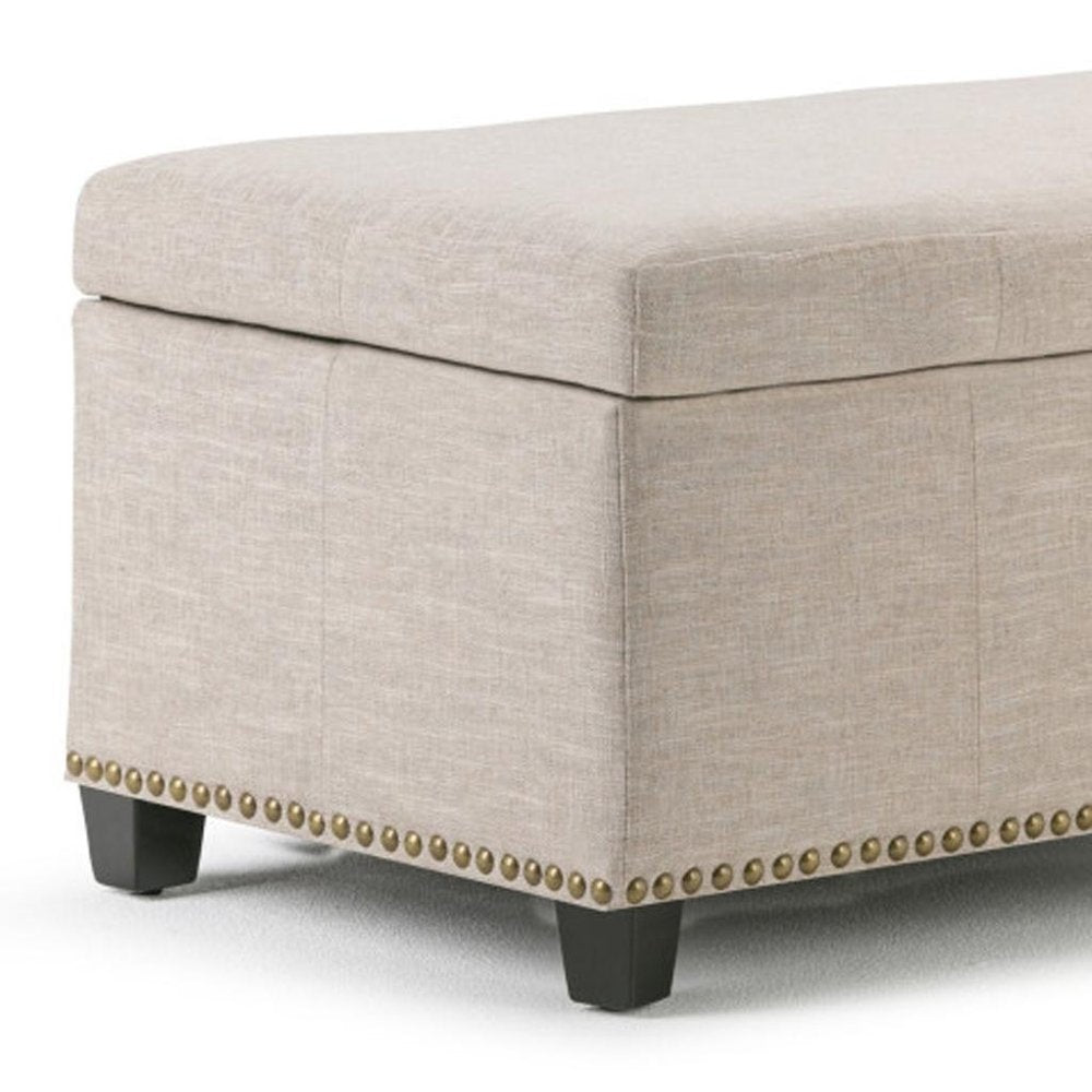 48" Beige And Dark Brown Linen Ottoman With Storage