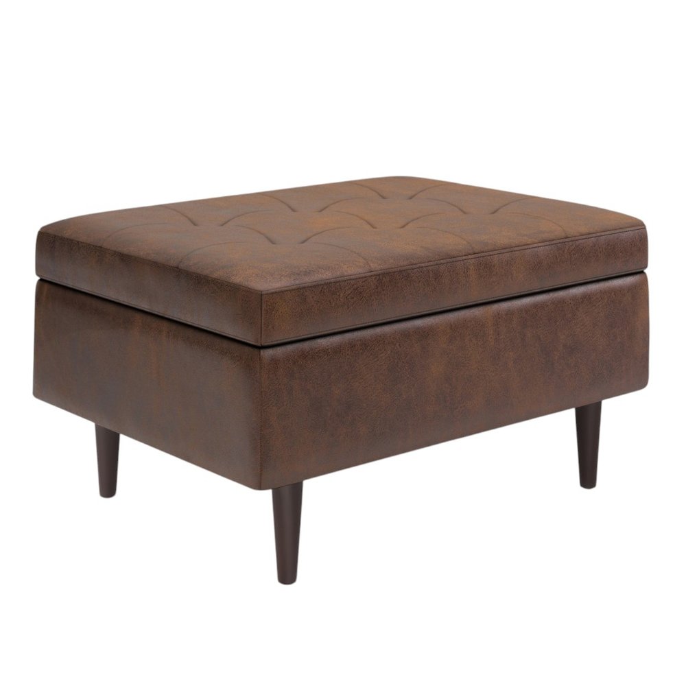 34" Chestnut And Brown Faux Leather Tufted Ottoman With Storage