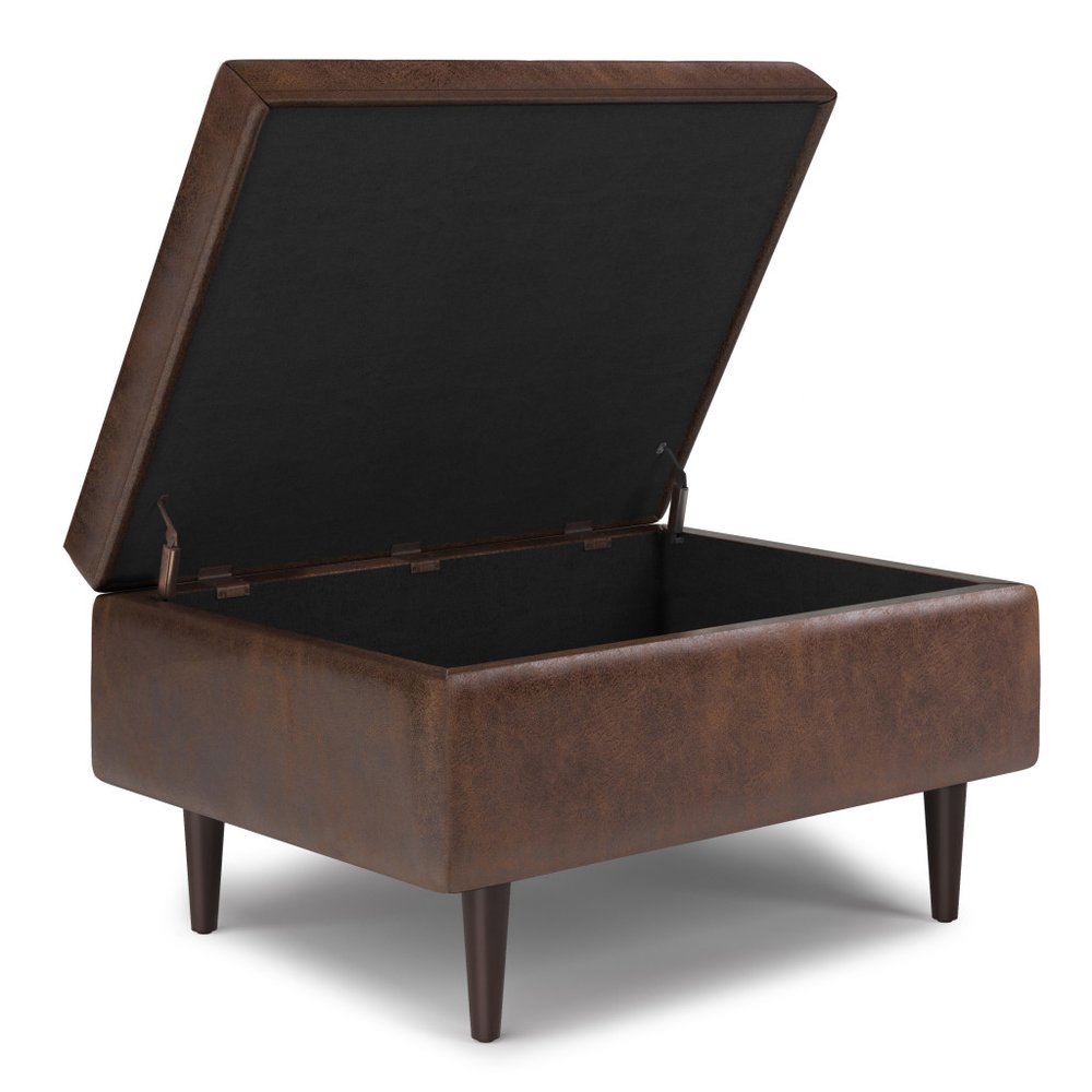 34" Chestnut And Brown Faux Leather Tufted Ottoman With Storage