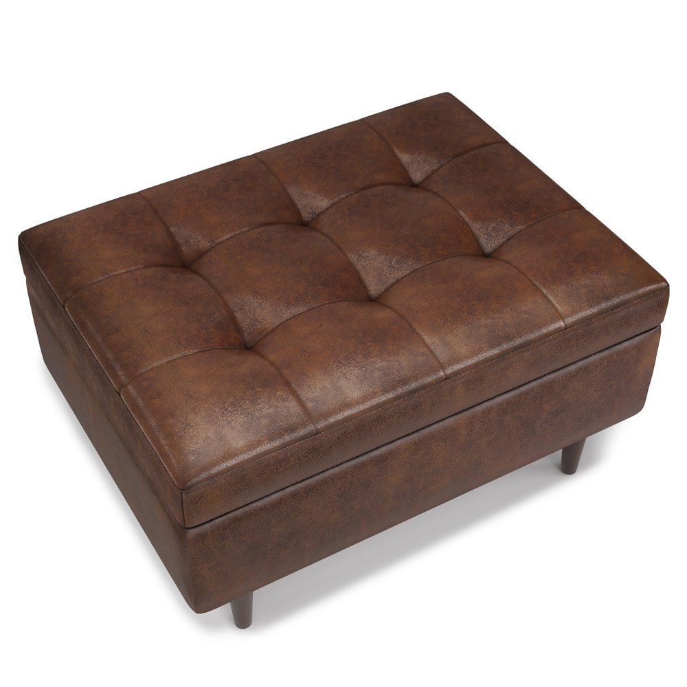 34" Chestnut And Brown Faux Leather Tufted Ottoman With Storage