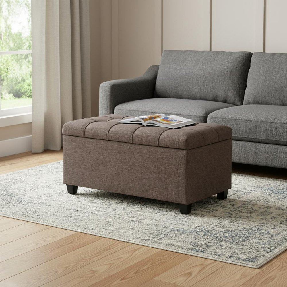 33" Cream and Espresso Tufted Faux Leather and Solid Wood Upholstered Storage Bench With Flip Top