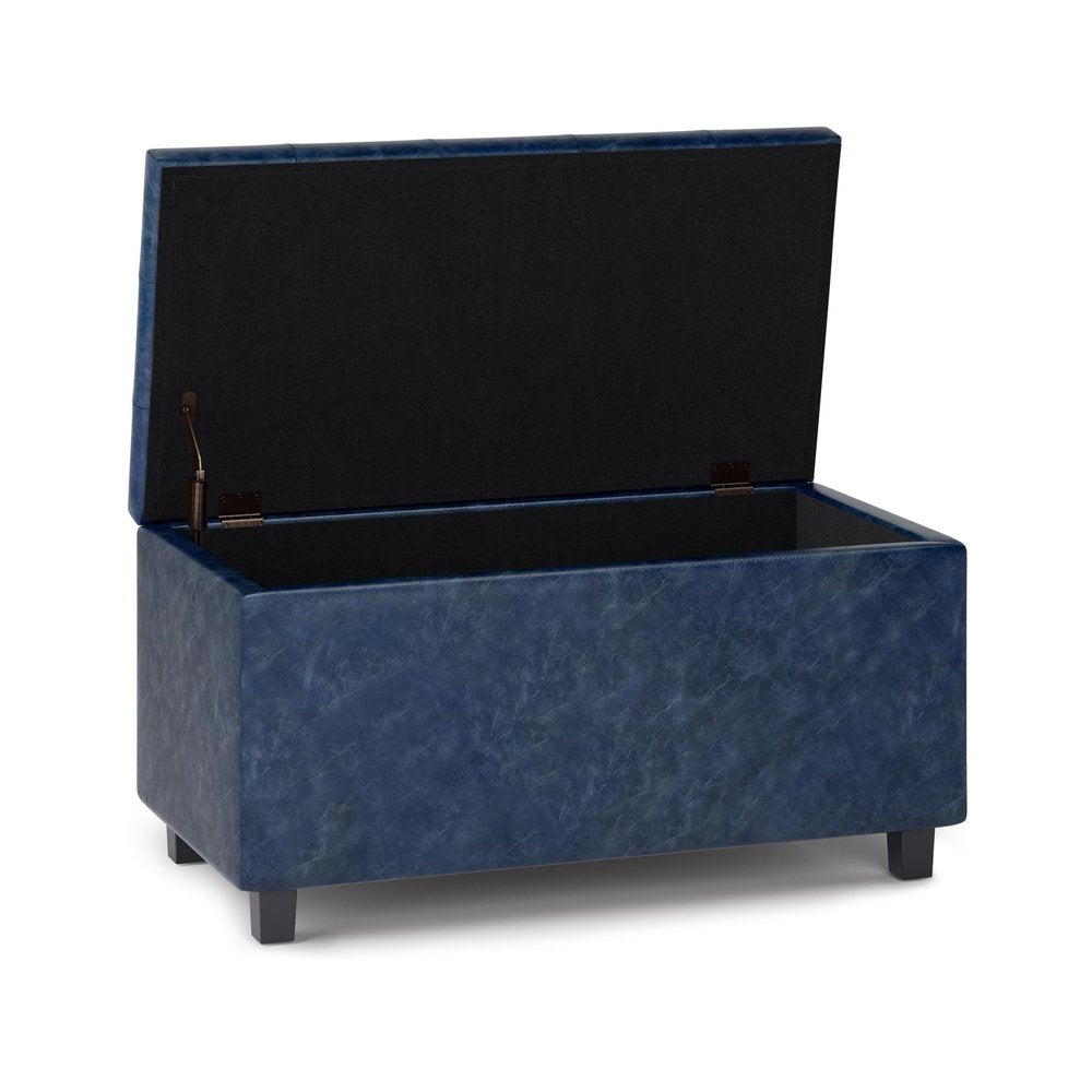 34" Denim Blue And Dark Brown Ottoman With Storage
