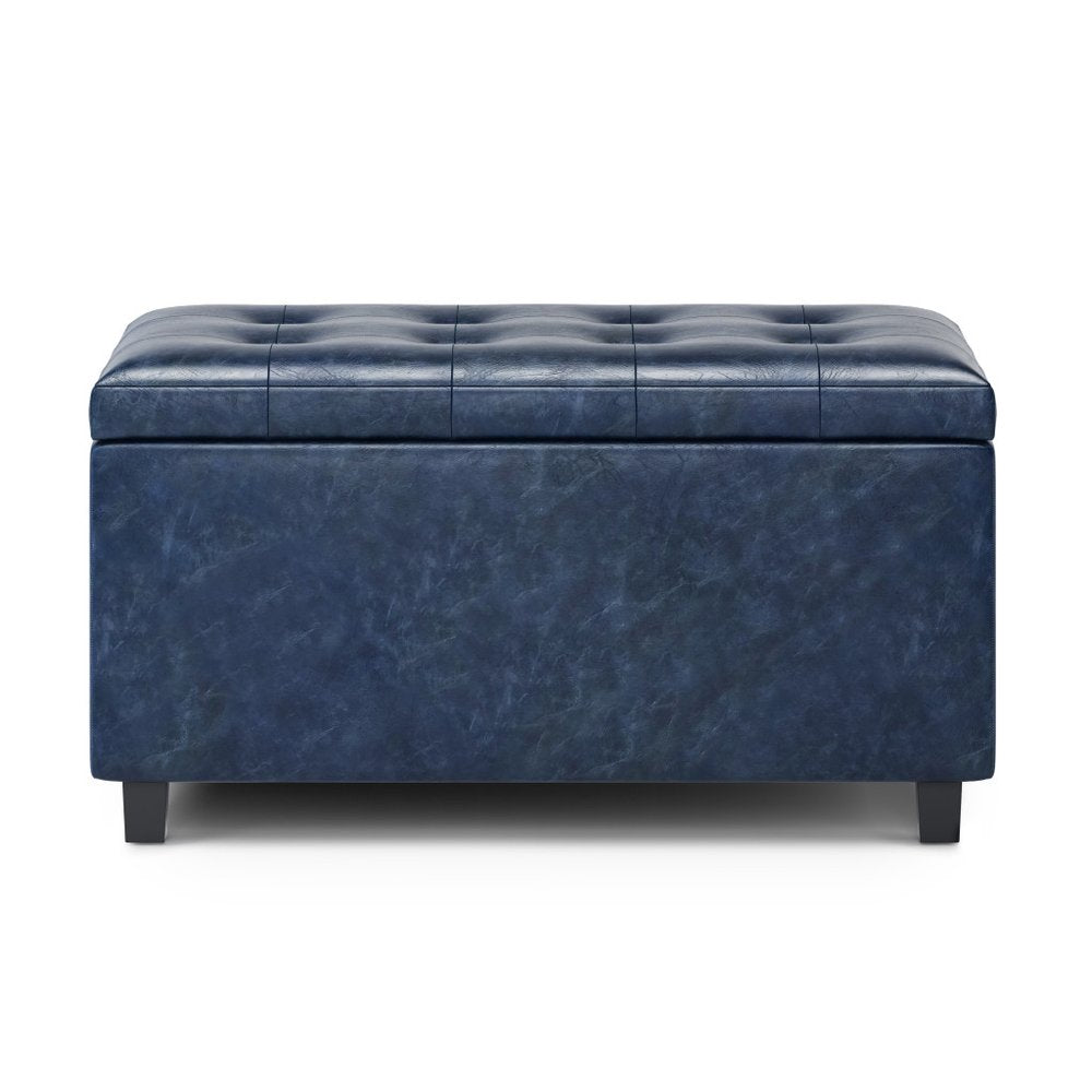 34" Denim Blue And Dark Brown Ottoman With Storage
