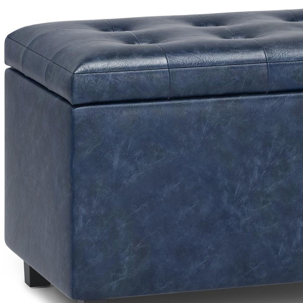 34" Denim Blue And Dark Brown Ottoman With Storage