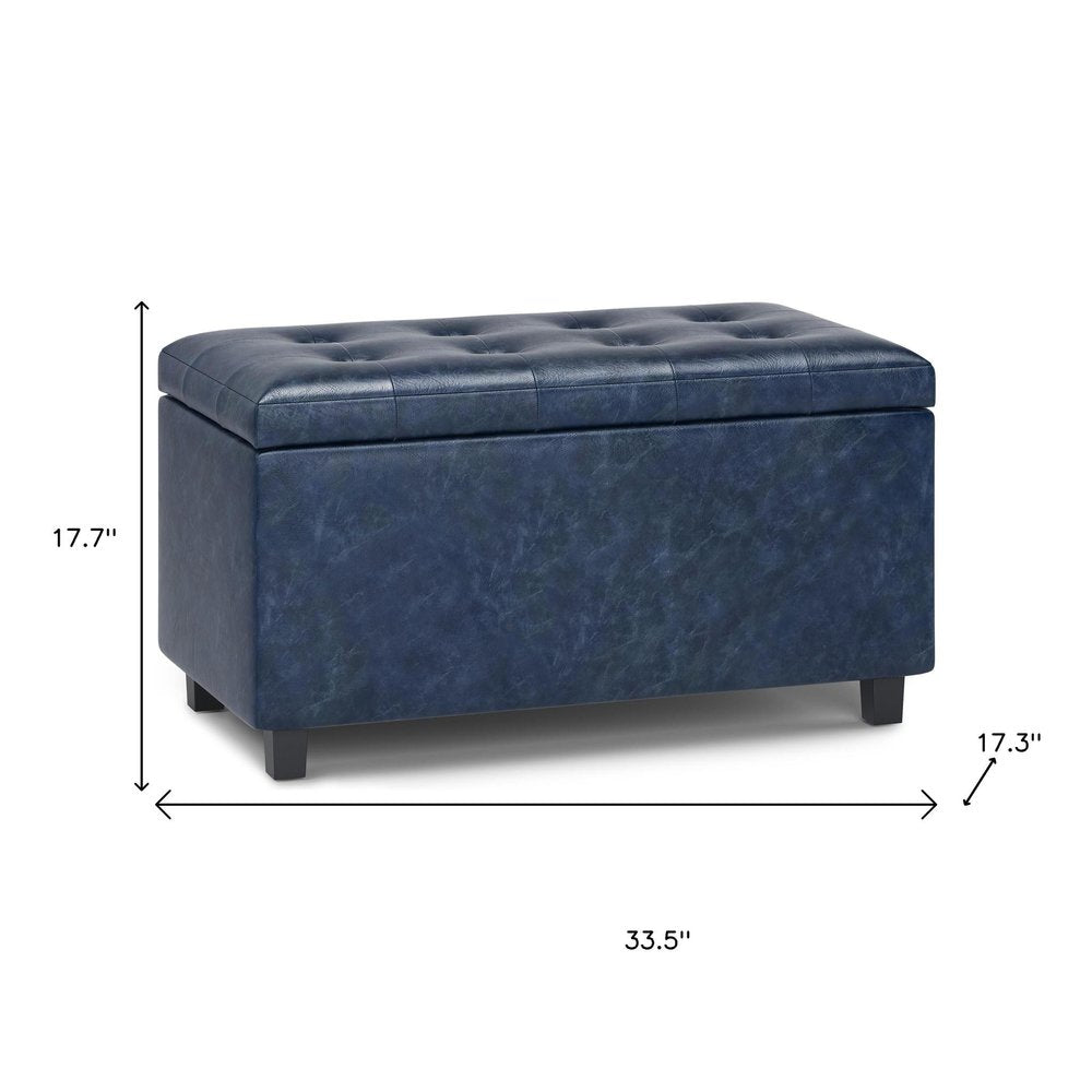 34" Denim Blue And Dark Brown Ottoman With Storage