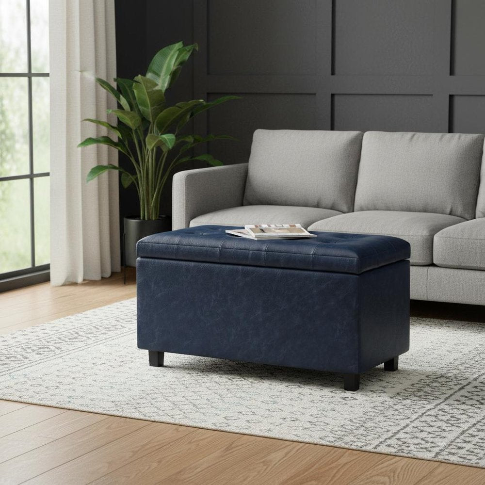 34" Denim Blue And Dark Brown Ottoman With Storage