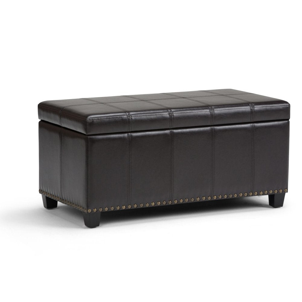 33" Stone and Espresso Faux Leather and Solid Wood Upholstered Storage Bench With Flip Top