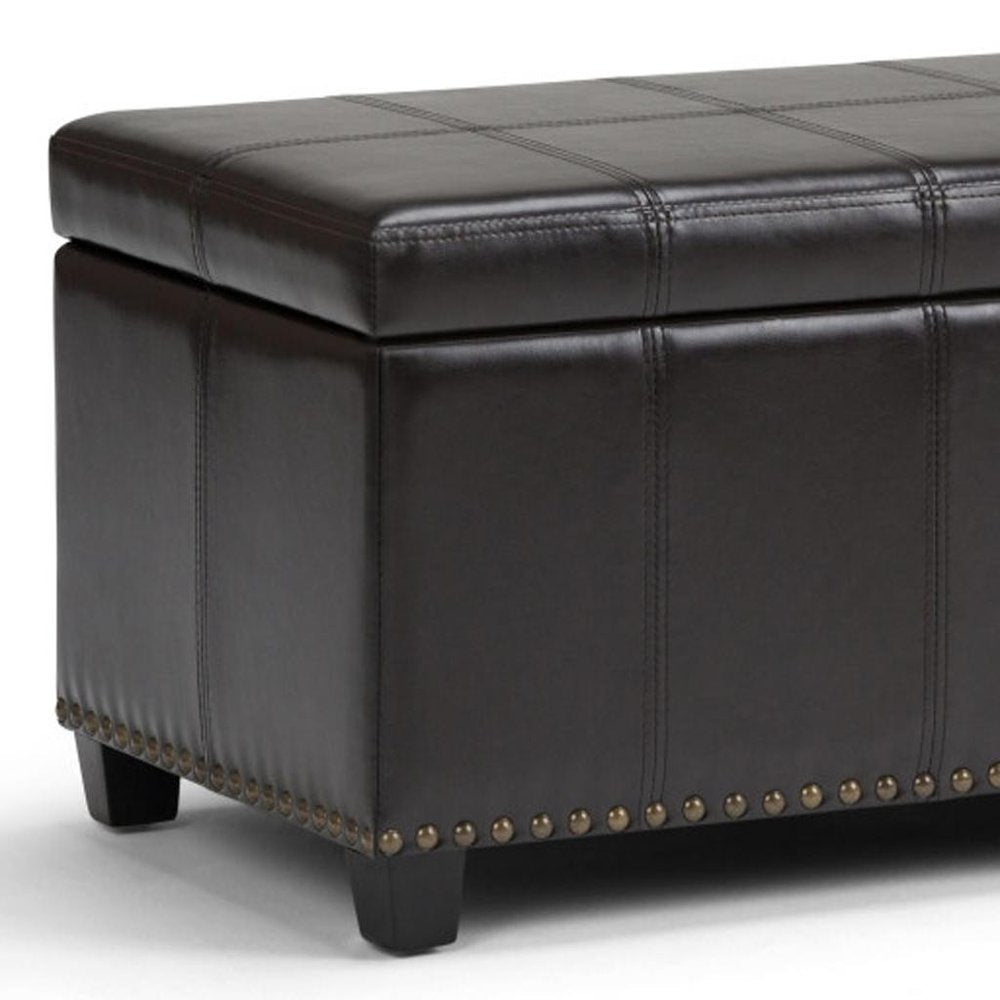 33" Brown and Espresso Faux Leather and Solid Wood Upholstered Storage Bench With Flip Top