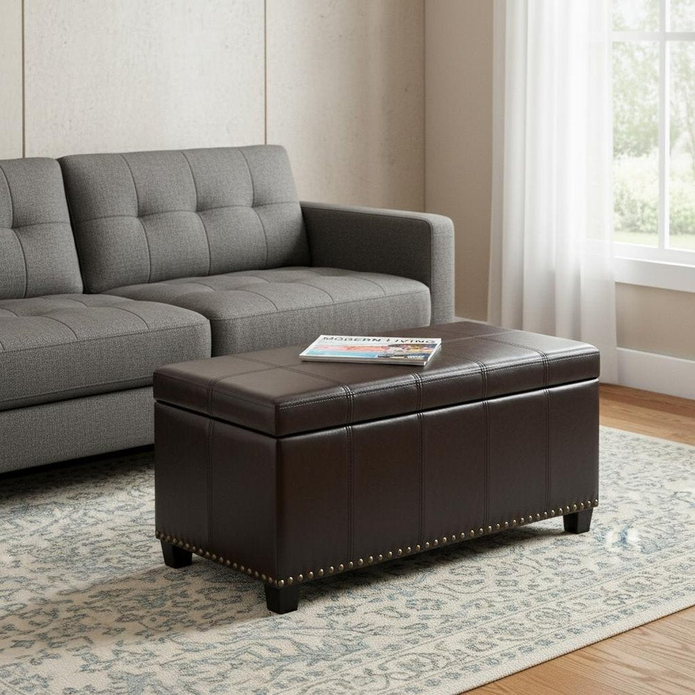 33" Stone and Espresso Faux Leather and Solid Wood Upholstered Storage Bench With Flip Top