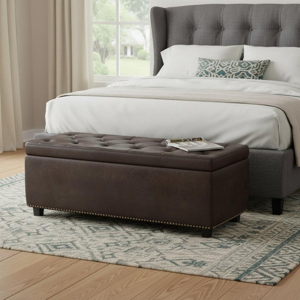 48" Brown And Dark Brown Tufted Ottoman With Storage