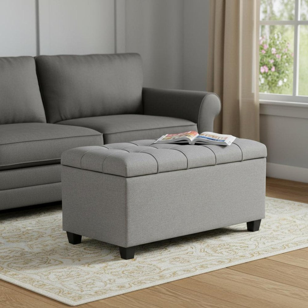 33" Cream and Espresso Tufted Faux Leather and Solid Wood Upholstered Storage Bench With Flip Top