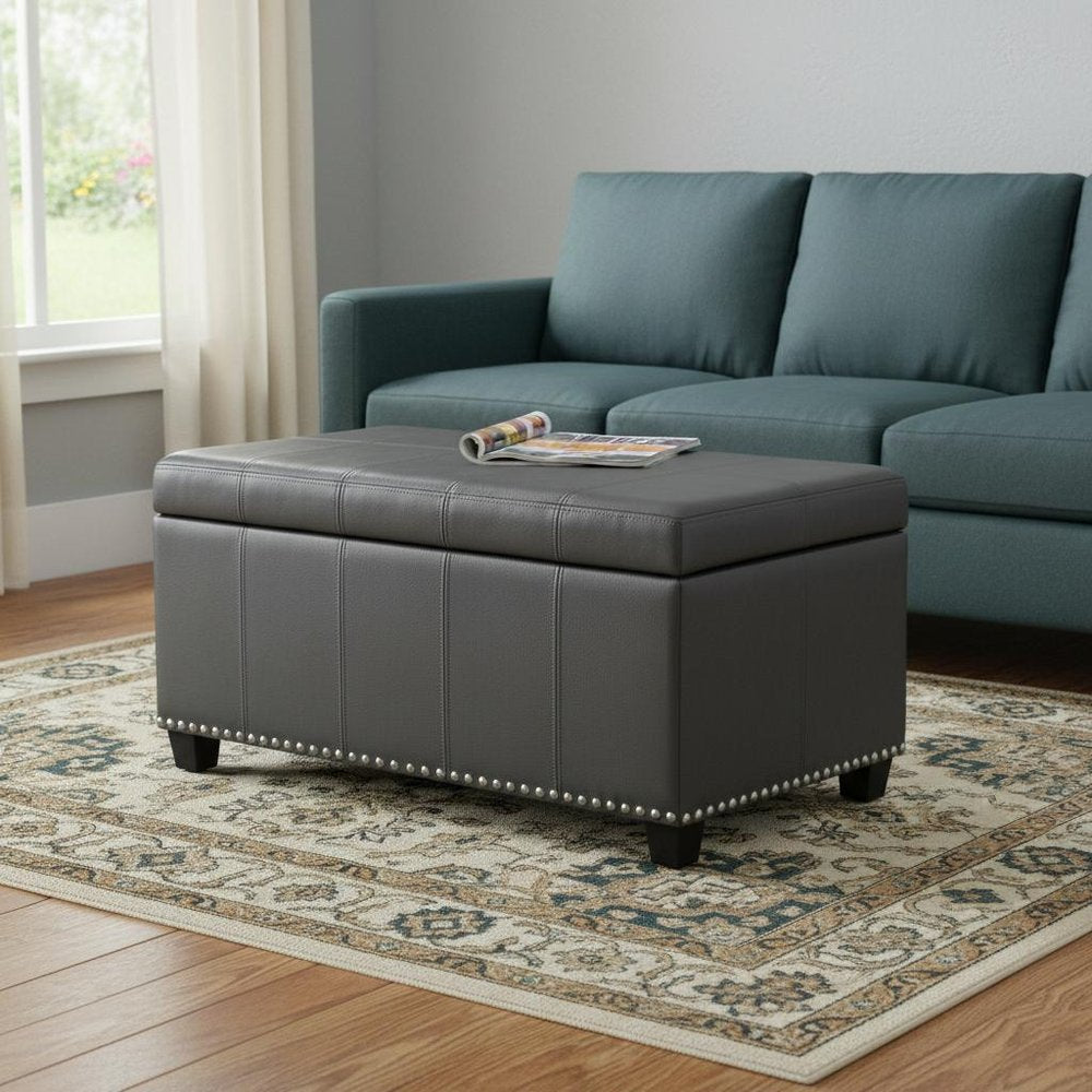 33" Stone and Espresso Faux Leather and Solid Wood Upholstered Storage Bench With Flip Top