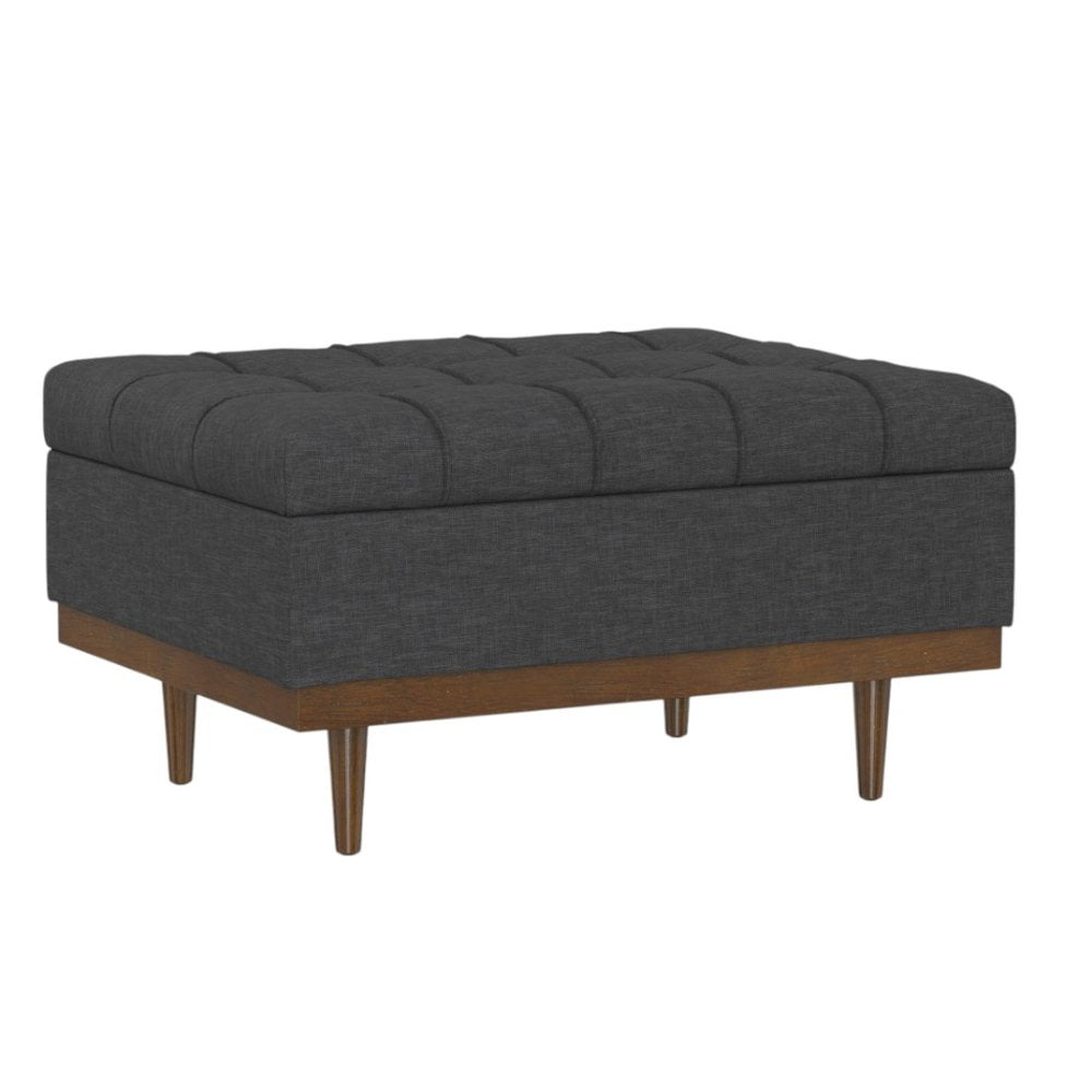 34" Slate Gray And Walnut Tufted Ottoman With Storage