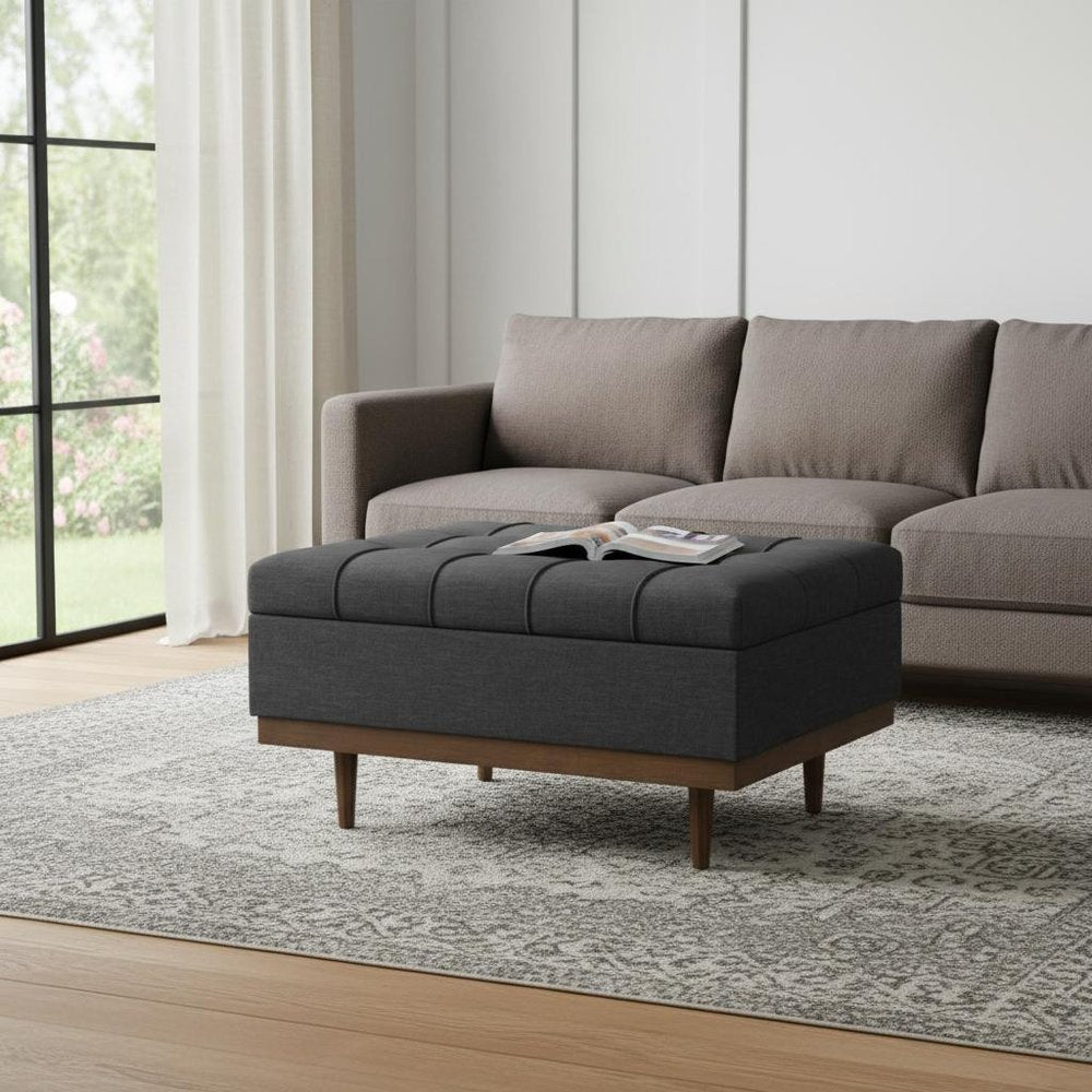 34" Slate Gray And Walnut Tufted Ottoman With Storage