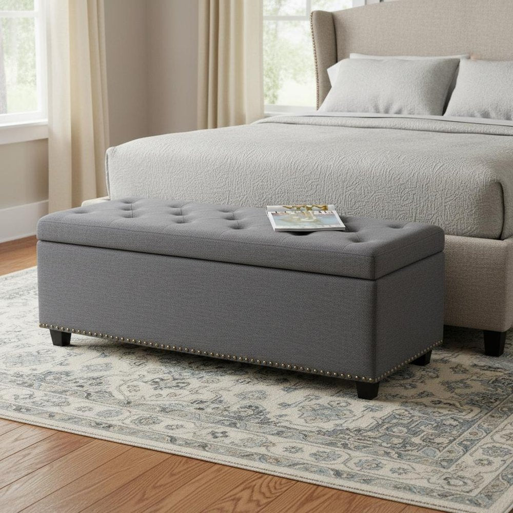 48" Slate Gray And Dark Brown Tufted Ottoman With Storage