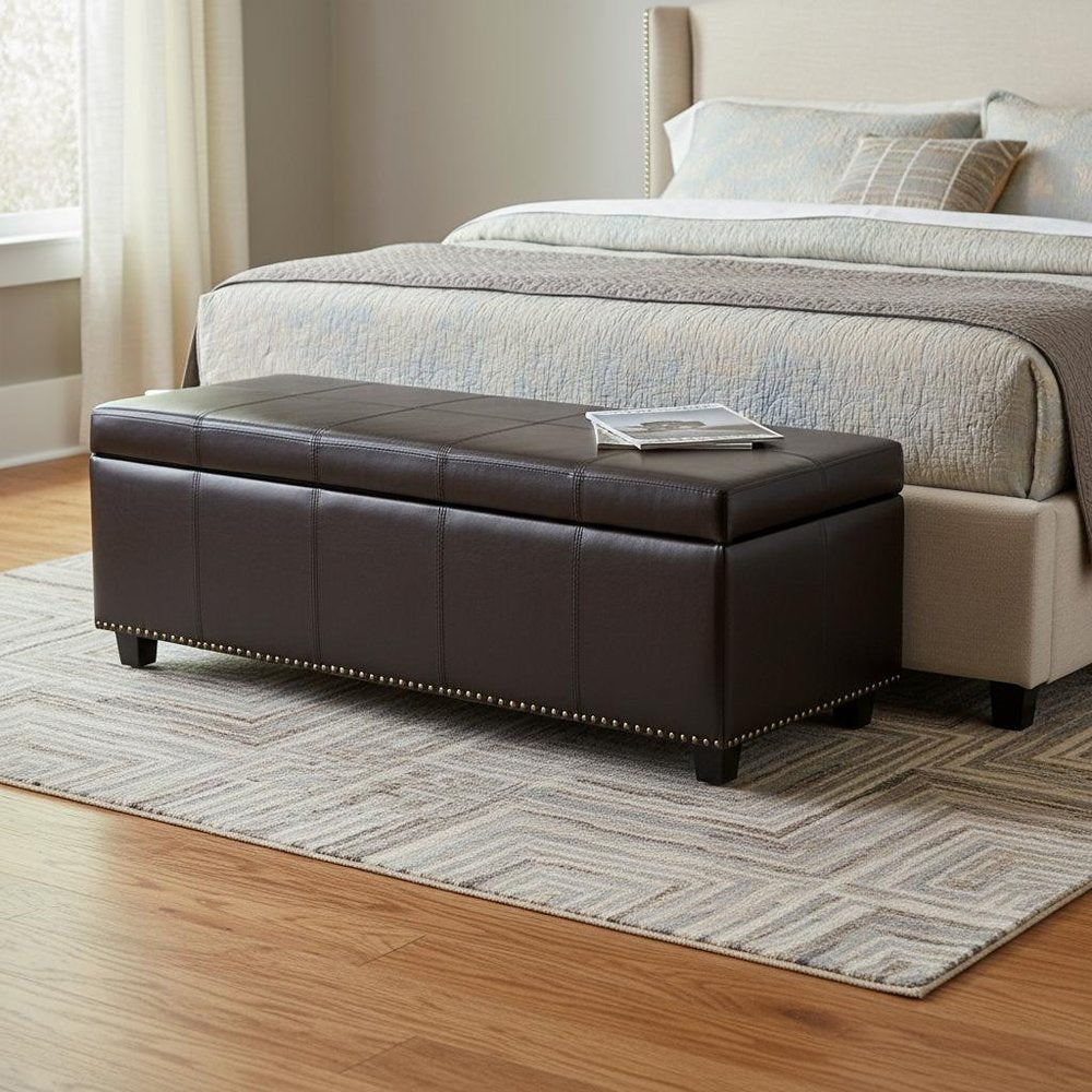 48" Beige And Dark Brown Linen Ottoman With Storage