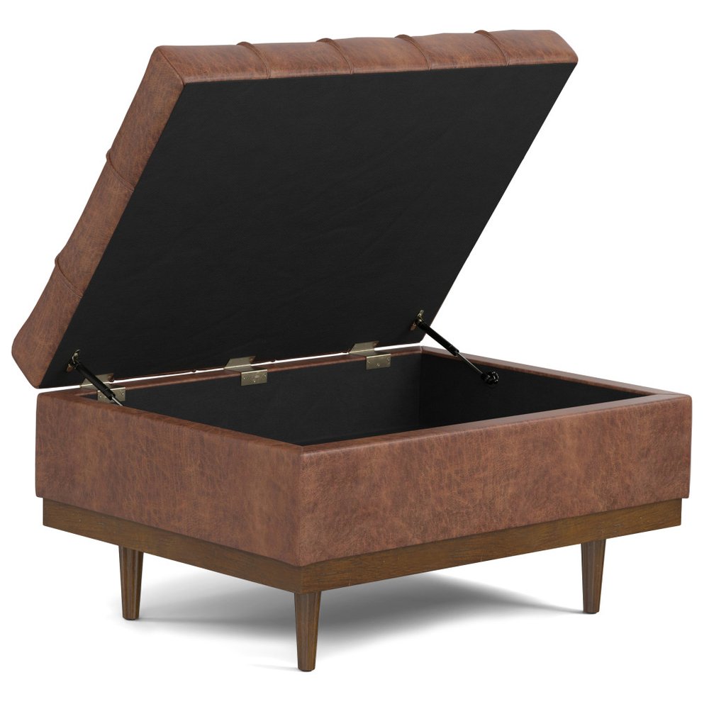 34" Slate Gray And Walnut Tufted Ottoman With Storage
