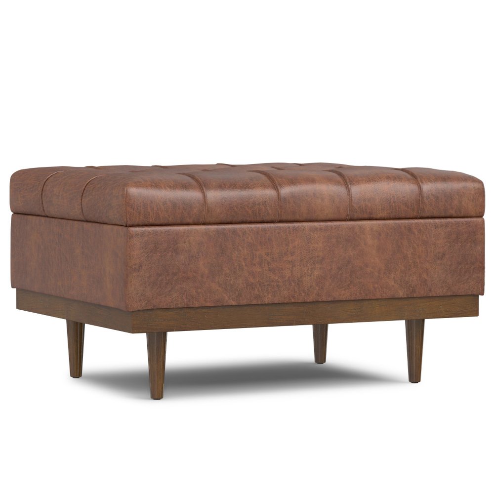 34" Slate Gray And Walnut Tufted Ottoman With Storage
