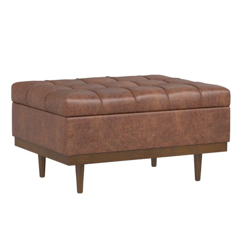 34" Slate Gray And Walnut Tufted Ottoman With Storage