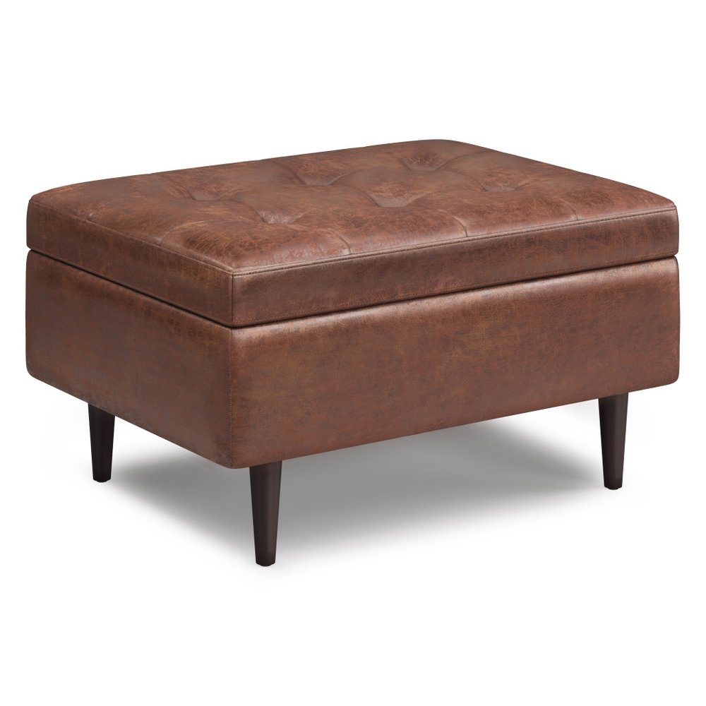 34" Chestnut And Brown Faux Leather Tufted Ottoman With Storage