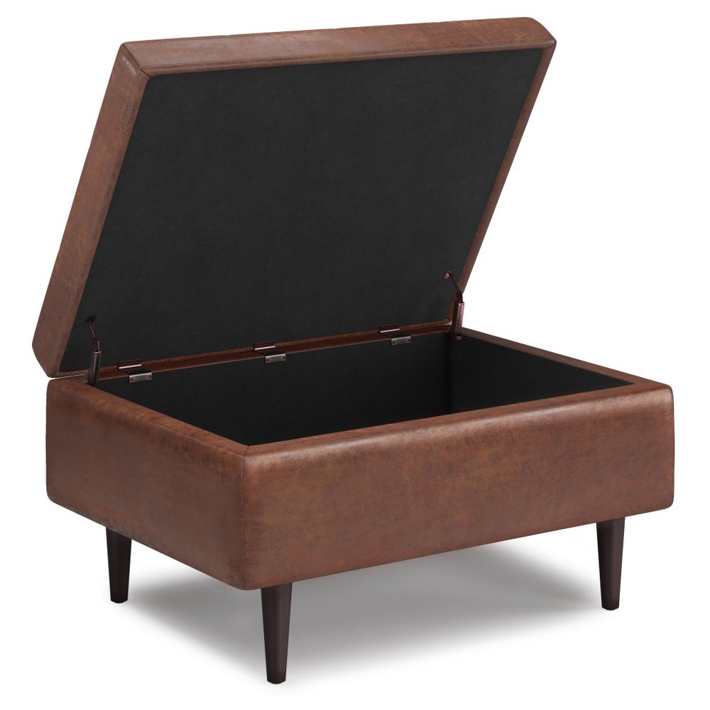 34" Chestnut And Brown Faux Leather Tufted Ottoman With Storage