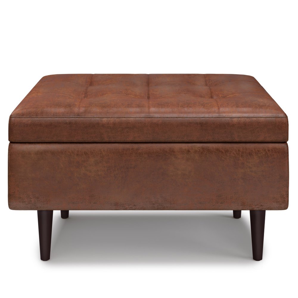 34" Chestnut And Brown Faux Leather Tufted Ottoman With Storage