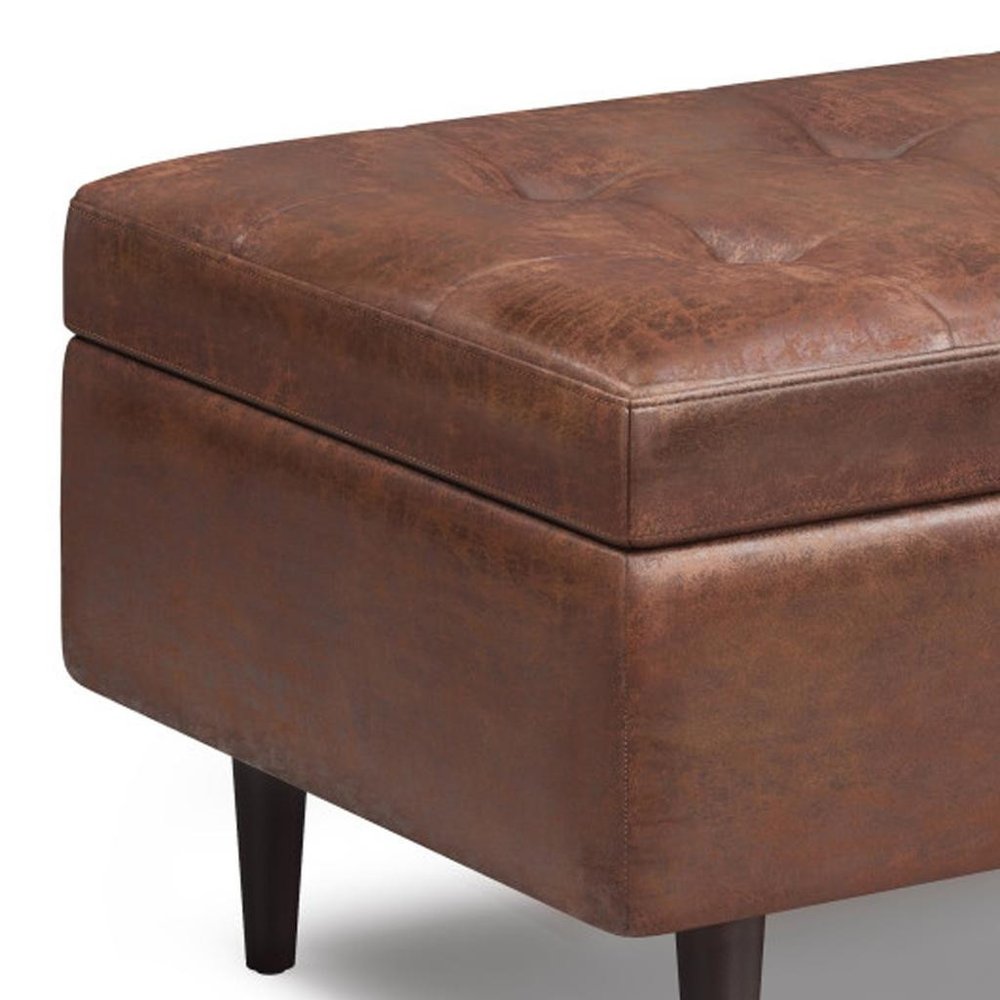 34" Chestnut And Brown Faux Leather Tufted Ottoman With Storage