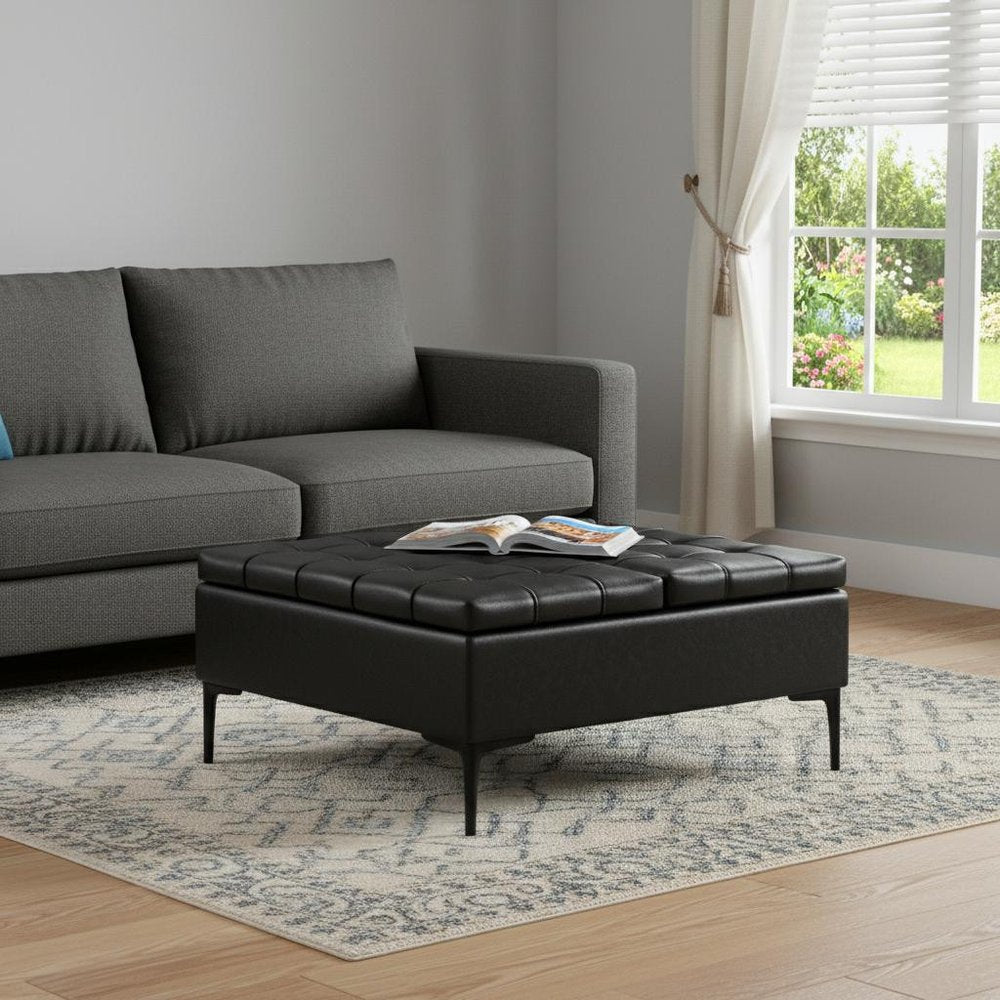 36" Slate Gray And Black Tufted Ottoman With Storage