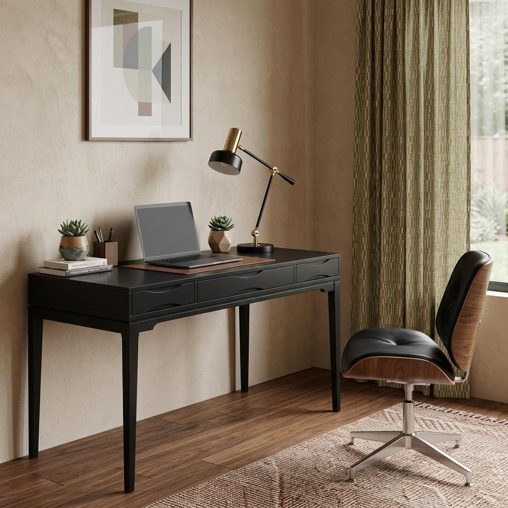 60" Black Solid Wood Writing Desk With Two Drawers
