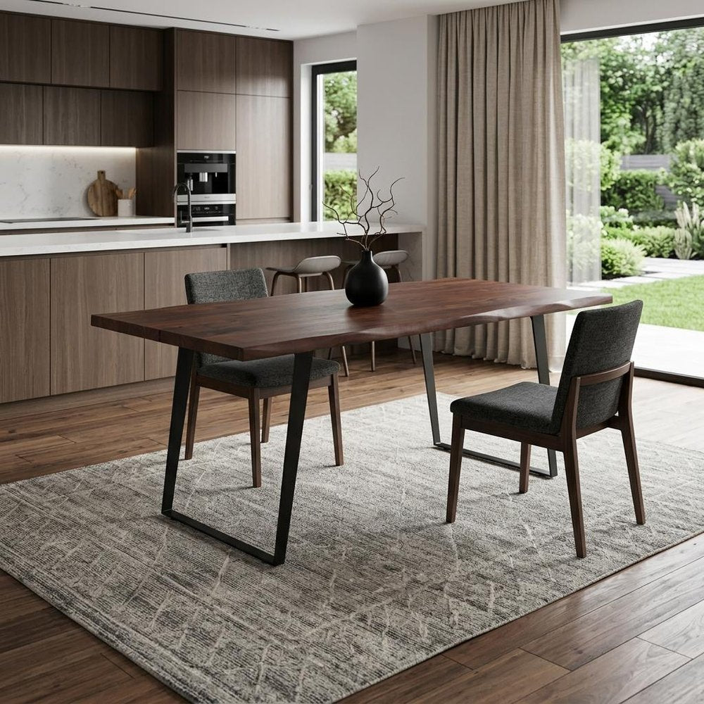 72" Walnut And Black Solid Wood And Iron Frame Base Live Edge Dining Table