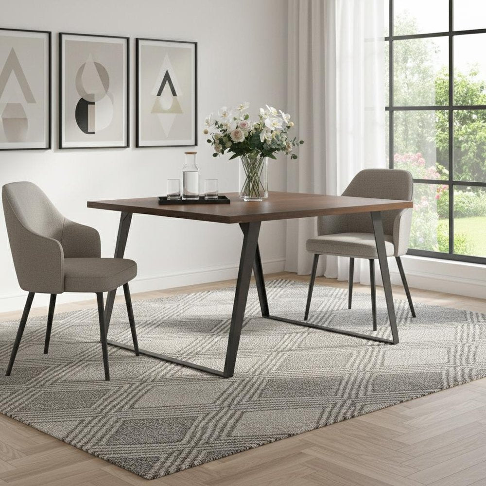 54" Walnut And Graphite Wood And Iron Frame Base Square Dining Table