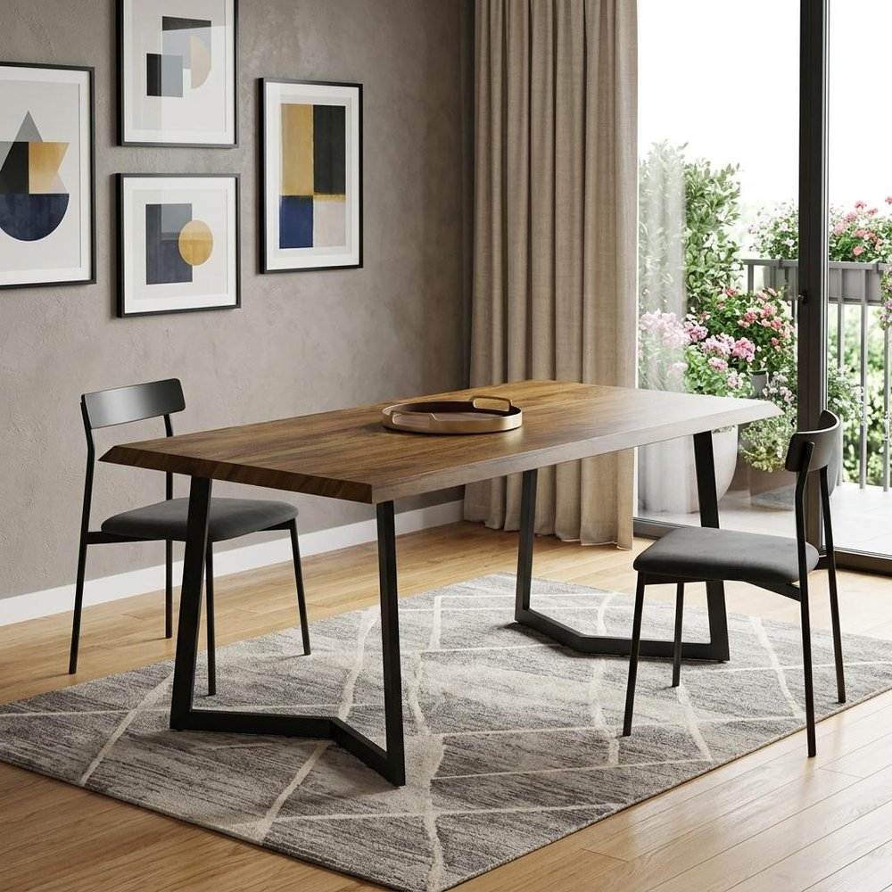 72" Light Brown And Charcoal Solid Wood And Iron Frame Base Dining Table