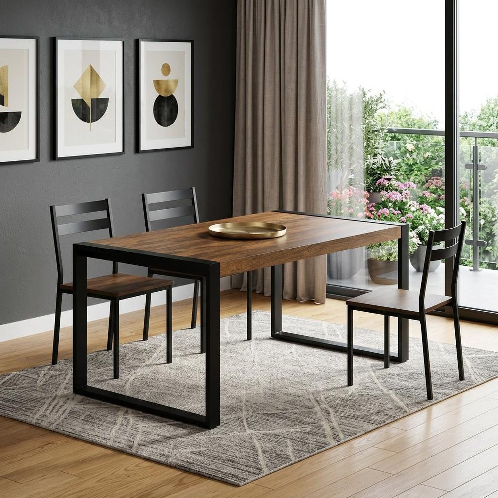 66" Light Brown And Black Solid Wood And Iron Frame Base Dining Table
