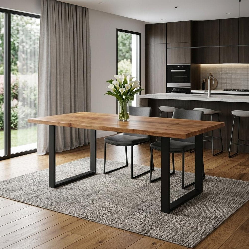 72" Natural And Black Solid Wood And Iron Frame Base Live Edge Dining Table