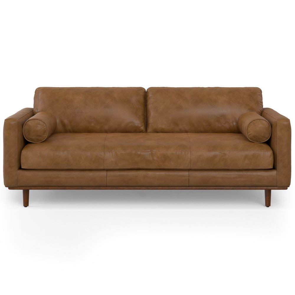89" Brown Italian Leather Sofa With Toss Pillows
