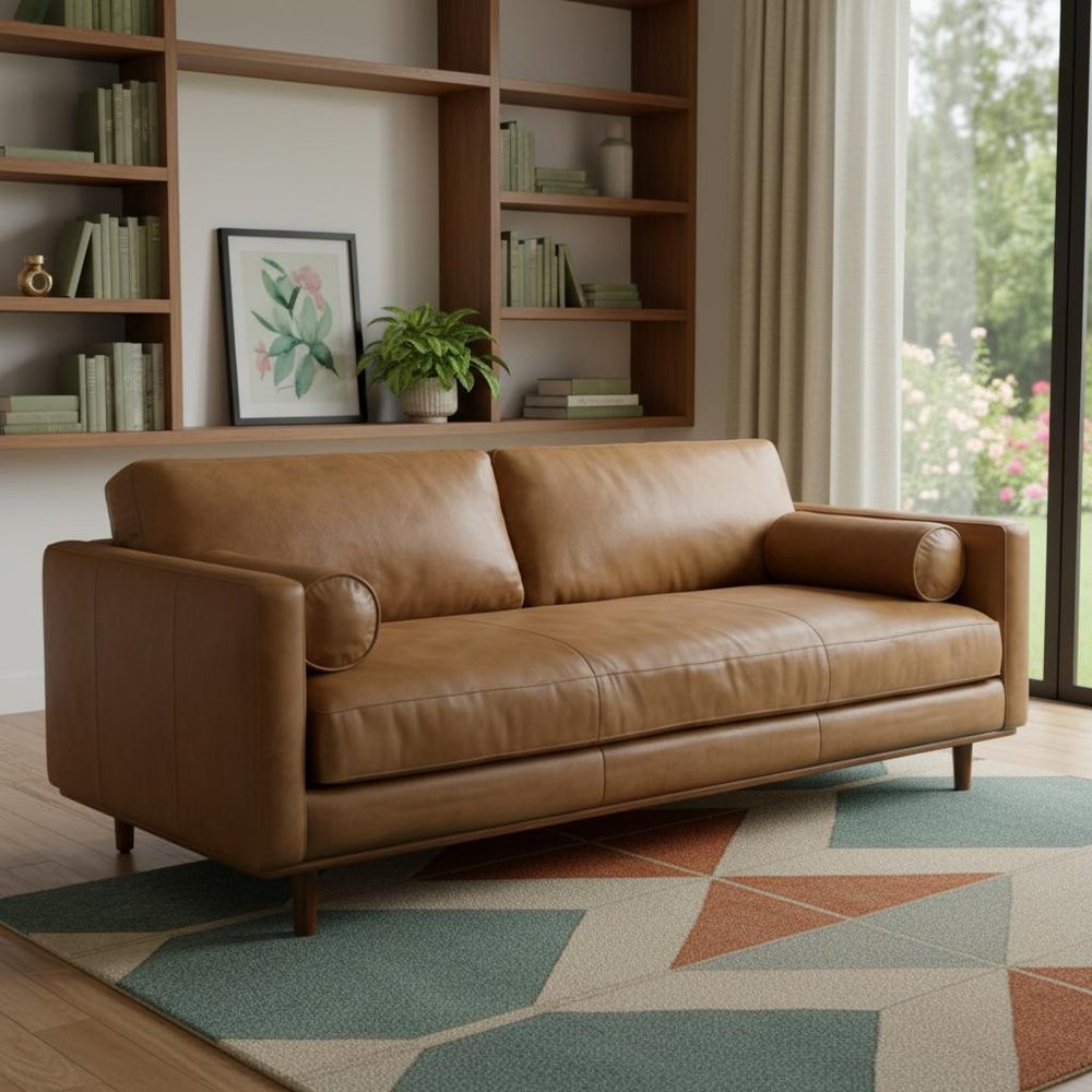 89" Brown Italian Leather Sofa With Toss Pillows