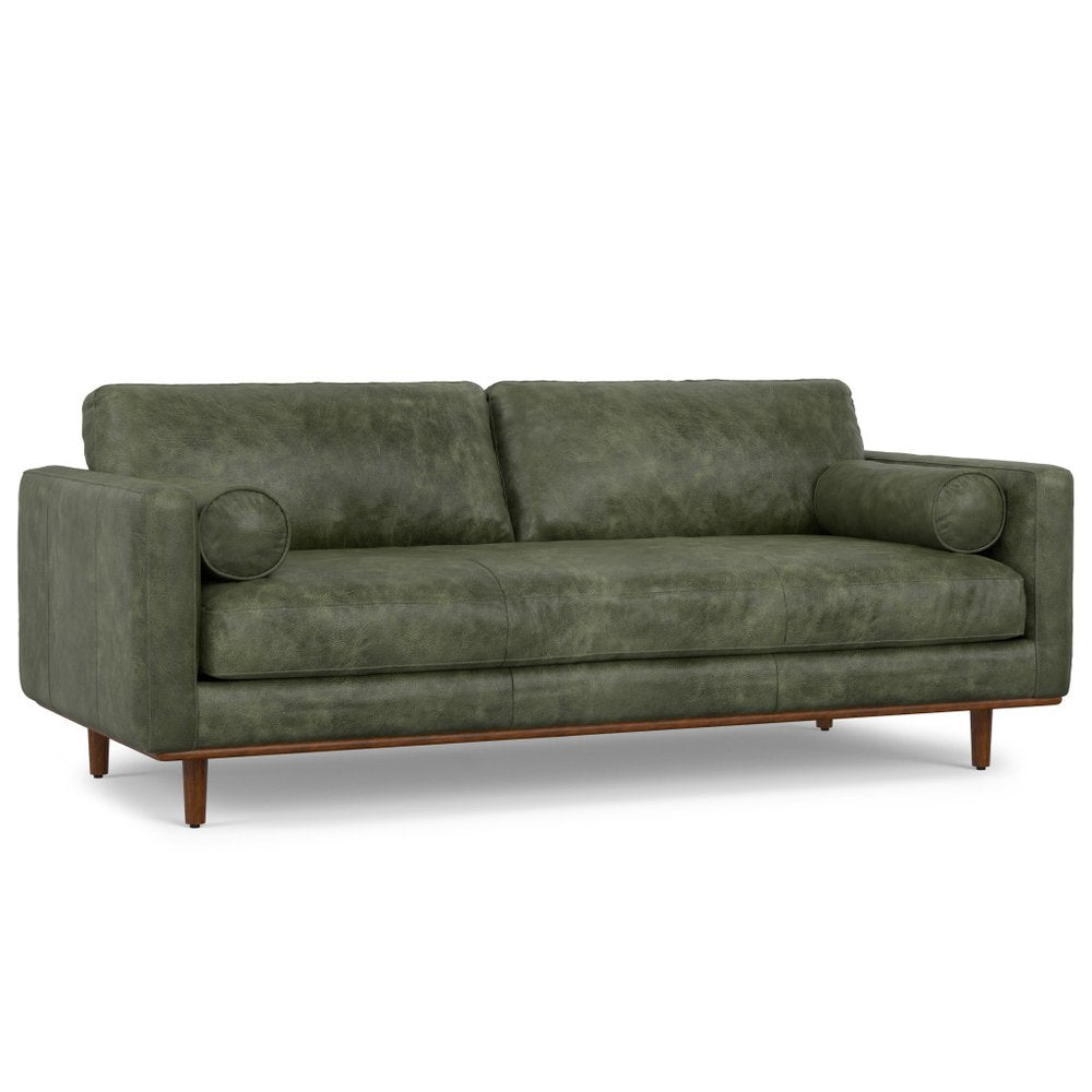 89" Moss Green Leather Sofa With Toss Pillows