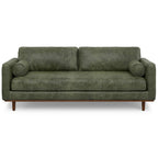 89" Moss Green Leather Sofa With Toss Pillows