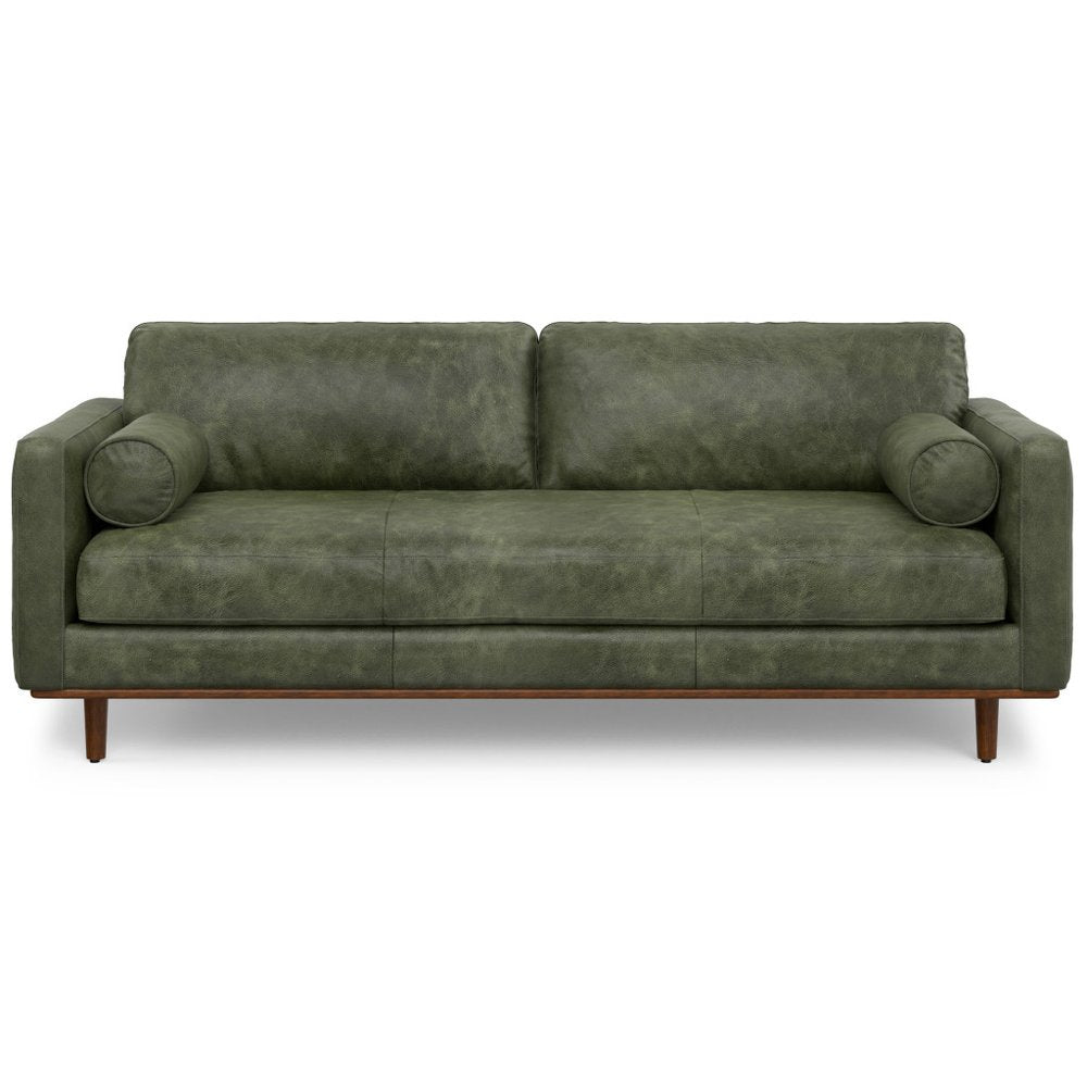 89" Moss Green Leather Sofa With Toss Pillows